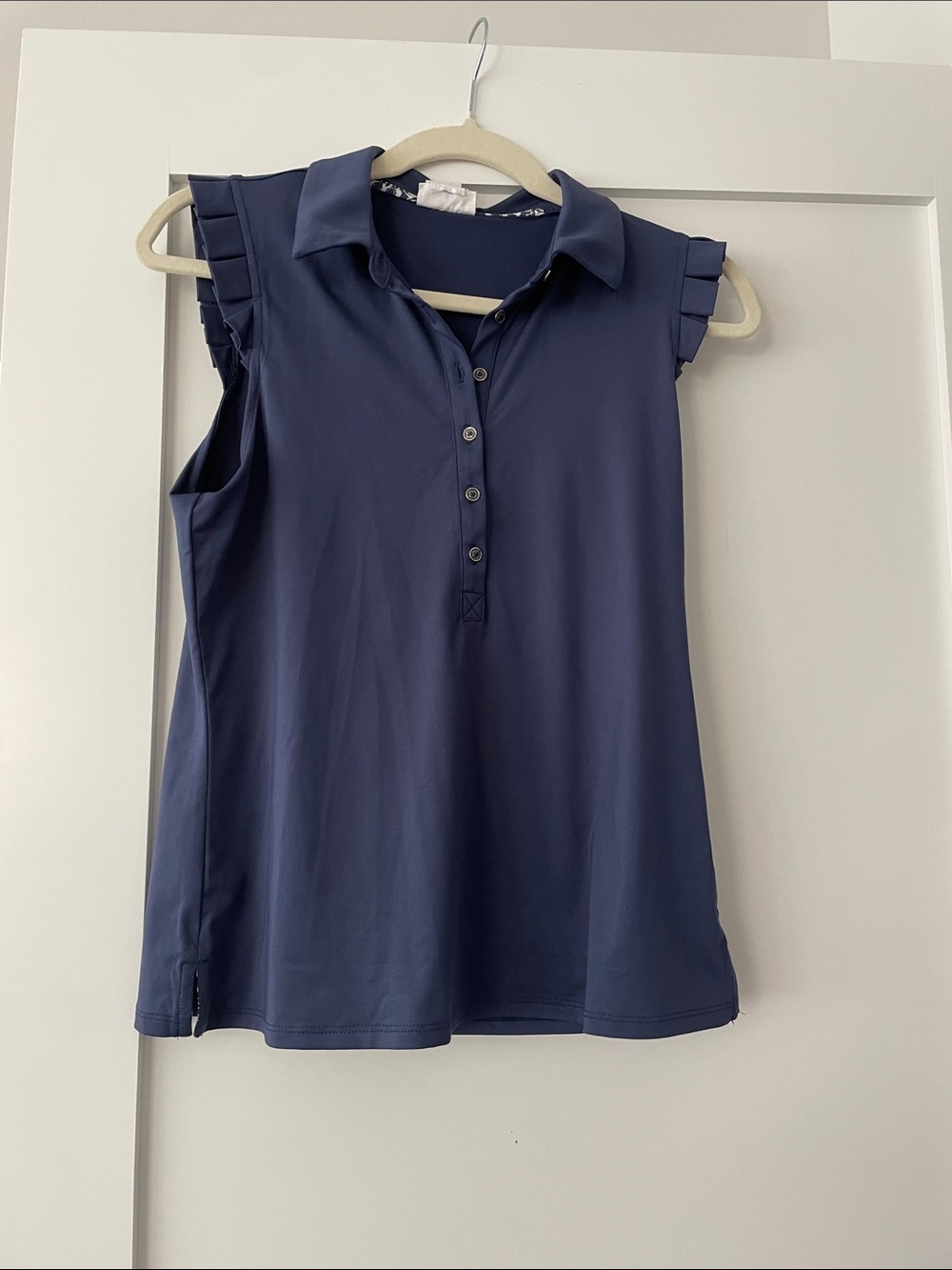 Sigrid Olsen Navy Ruffle Cap-Sleeve Polo Top